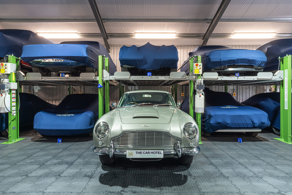 Aston Martin DB5 in The Car Hotel's storage barn